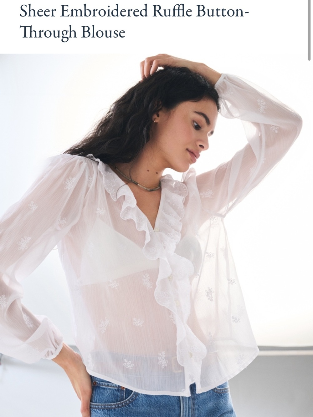 Abercrombie & Fitch White Sheer Ruffle-Trim Long Sleeve Blouse